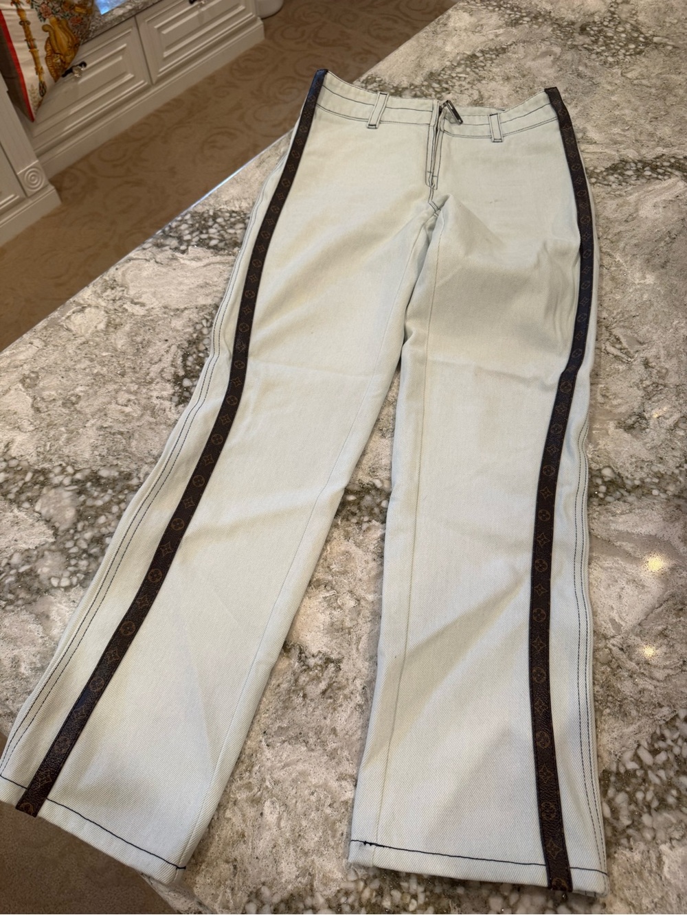 Louis Vuitton Light Blue Wide-Leg Jeans with Dark Brown Leather Monogram Stripes